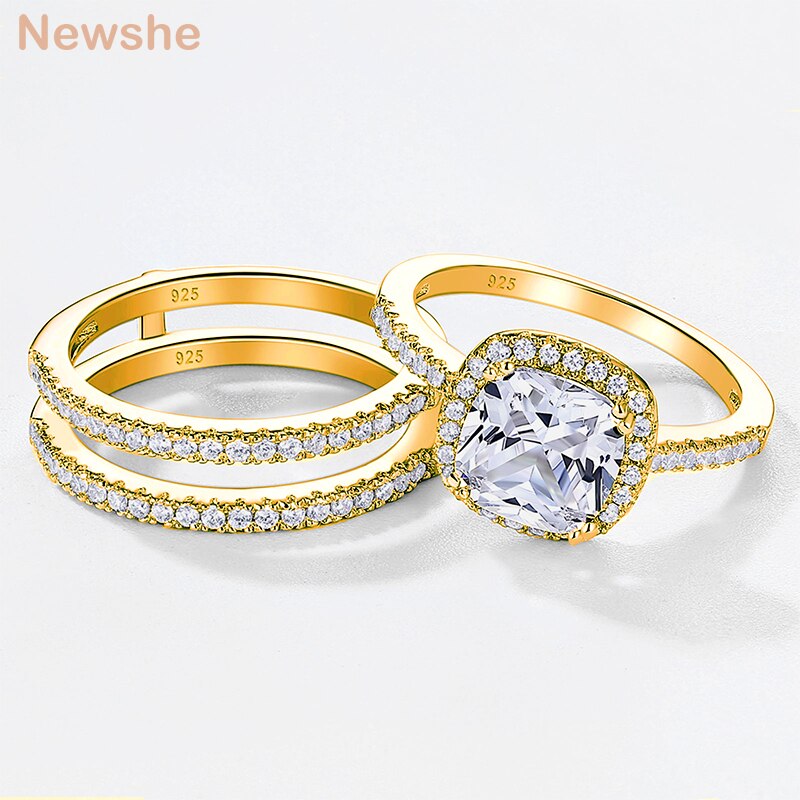 Newshe Rose Yellow Gold Halo Cushion AAAAA CZ Engagement Rings Set image 0