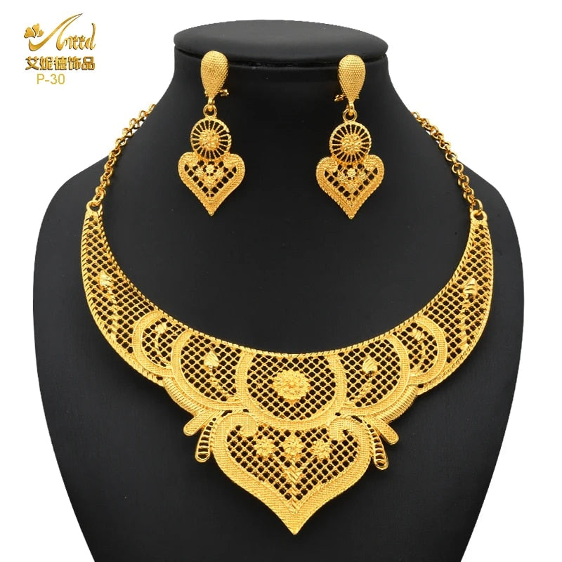 Indian Gold Plated Jewelry Set For Women African Bridal 24K Gold Color Necklace image 10