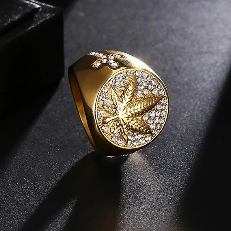 Business Men's Gold Color Carved Golden Maple Leaf Rings for Men Punk Inlaid wi image 0