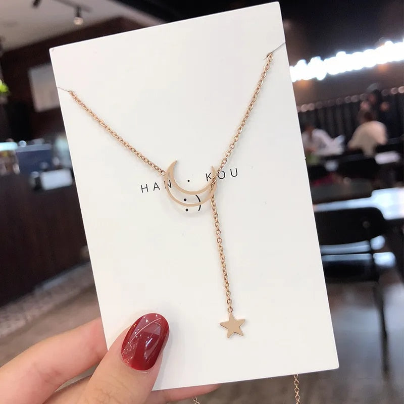 New Simple Moon Star Pendant Choker Necklace Simple Gold Color Alloy Charm Chai image 5