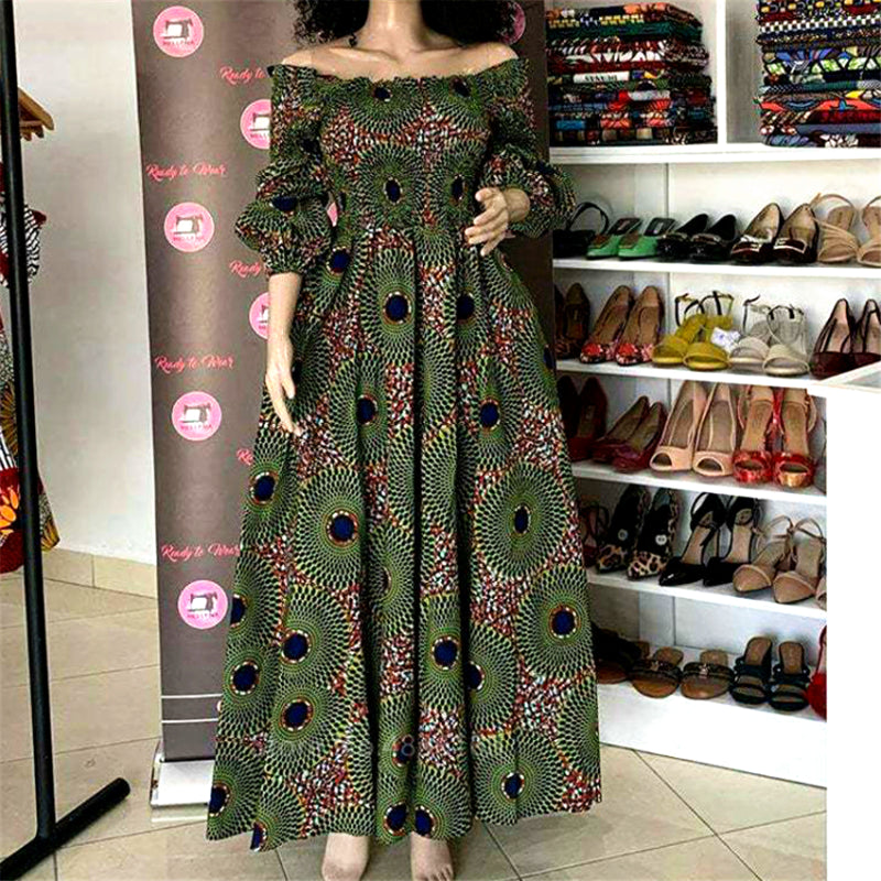 African National Print Party Dress Women Casual Slash-neck Lady Maxi Dress image 0