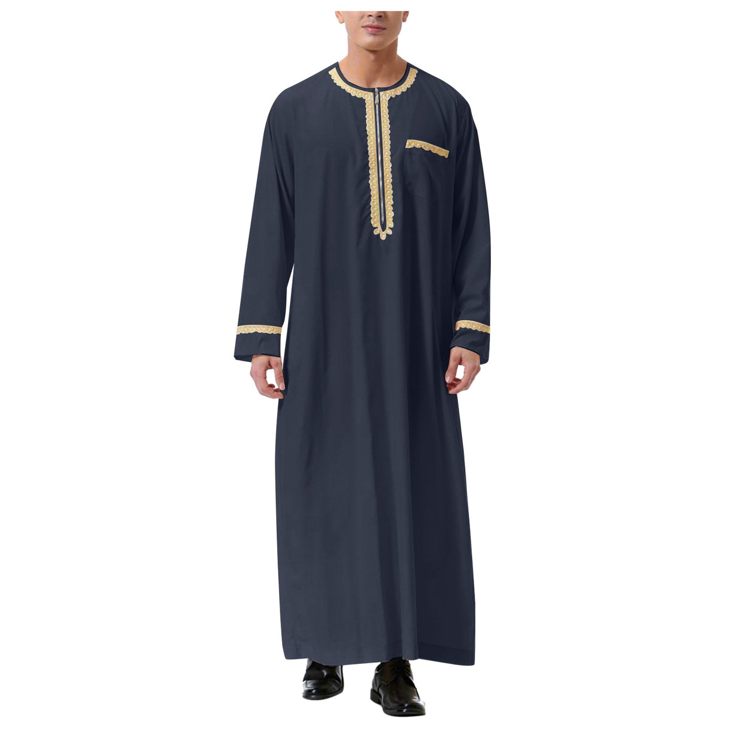 Muslim Islamic Clothing Men Jubba Thobe Print Zipper Kimono Long Robe Saudi Mus image 1