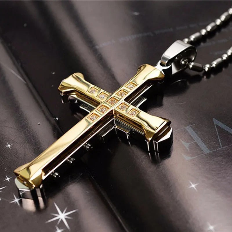 2024 New Male Crystal Cross Jesus Pendant Gold/Black/Blue Color Zirconia Neck image 1