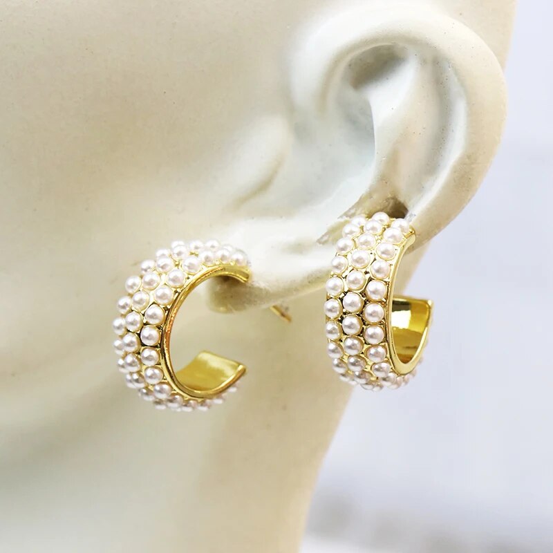 5 Pairs Fashion Design Elegant Pearls Hoop earrings Gold Plated Pearls Earring image 6