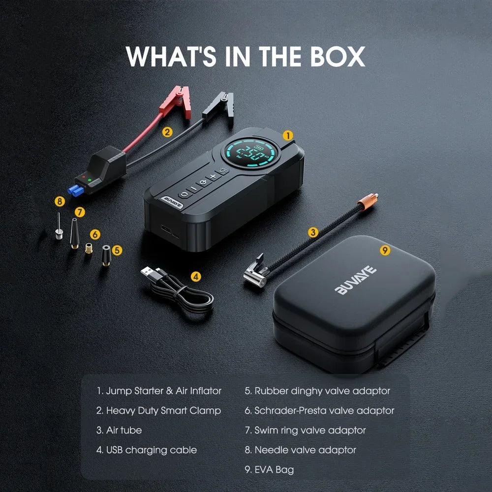BUVAYE Car Jump Starter Air Pump Portable Air Compressor Multi-function Tire In image 6