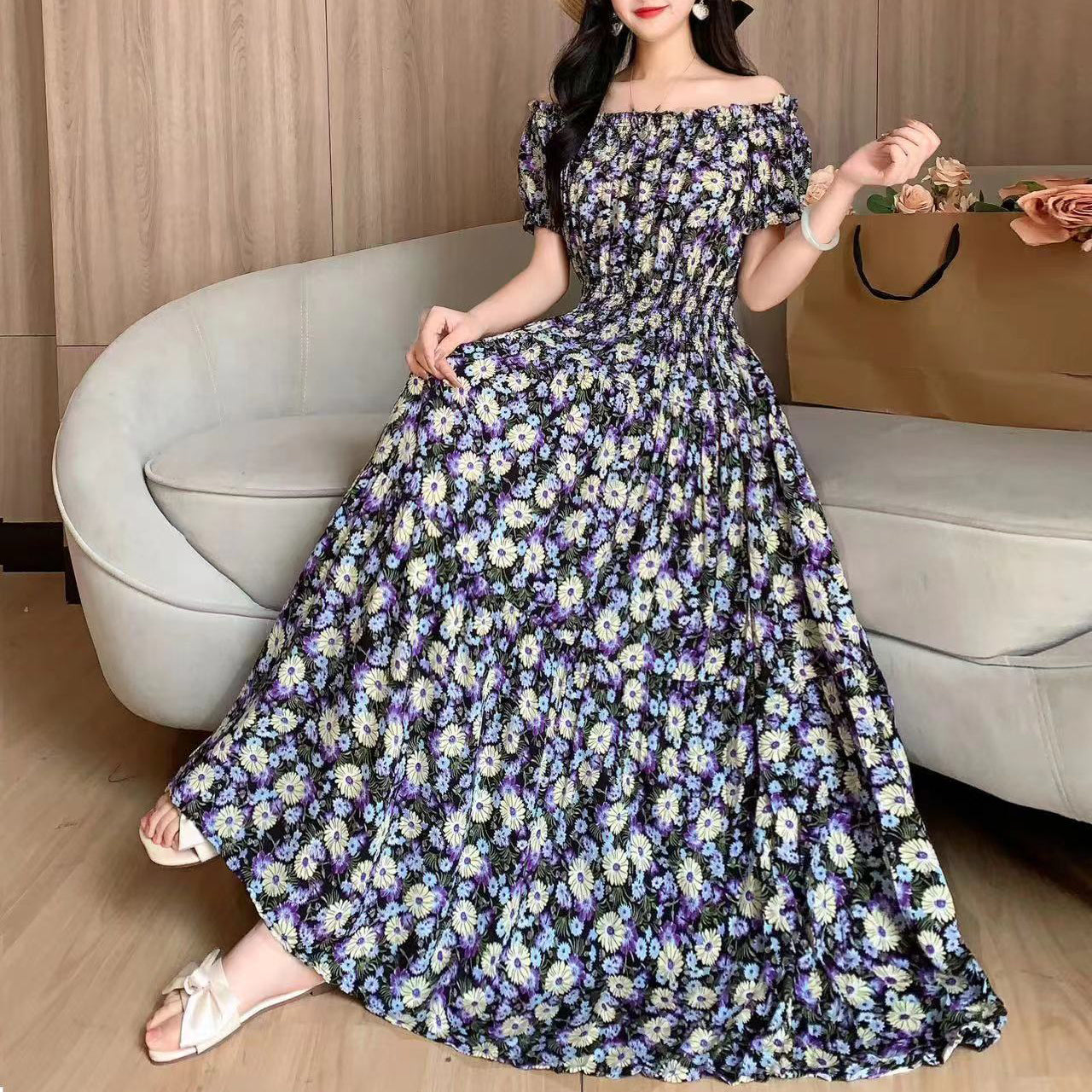 Bohemian Summer Trendy New Elegant Retro Vintage Midi Dress Large Swing Print E image 5