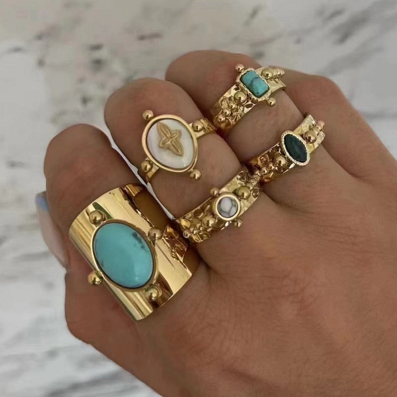 Creative Gold Plated Stainless Steel Rings for Women Simple Geometric Round Nat image 0