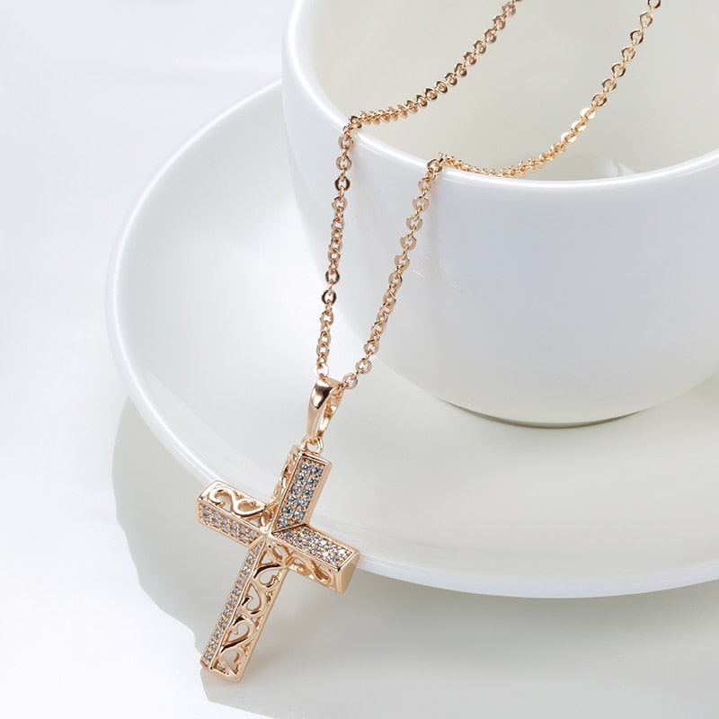 SYOUJYO Trendy Luxury Cross Necklace 585 Rose Gold Color Crystal Jesus Cross image 4