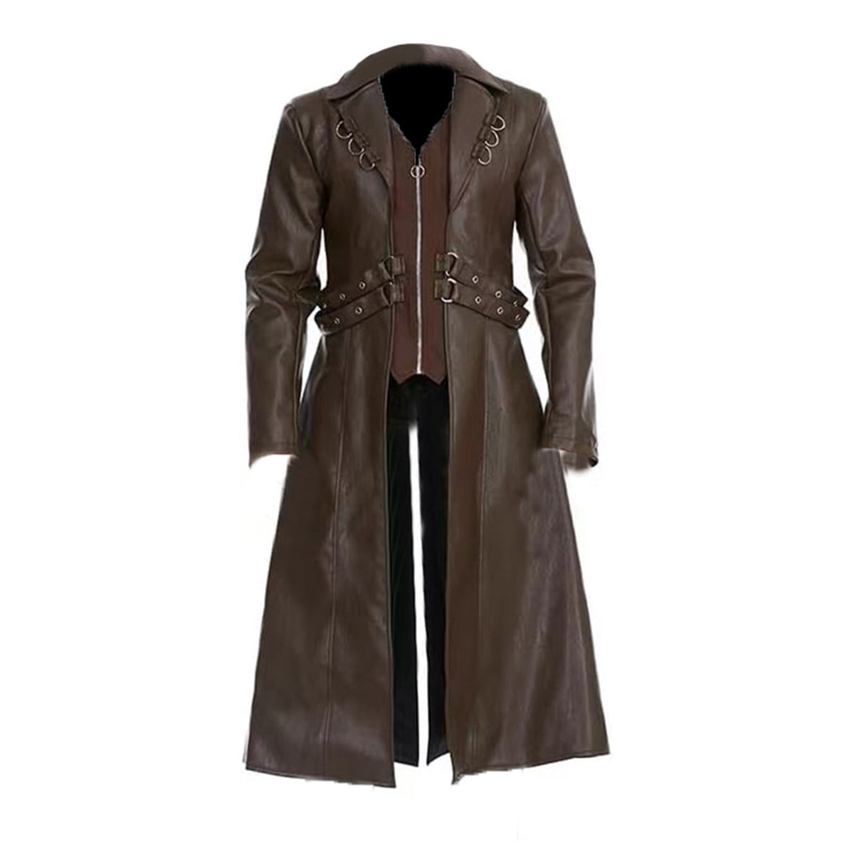 2025 New Steampunk Gothic Mid Length PU Leather Trench Coat Men Dark Brown Blac image 0