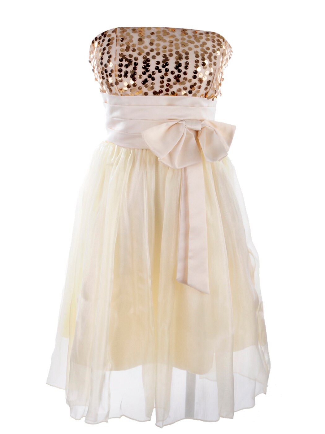 Womens Yellow Gold Sequin High Waisted Bow Strapless Tube Top Dress Dinner image 2