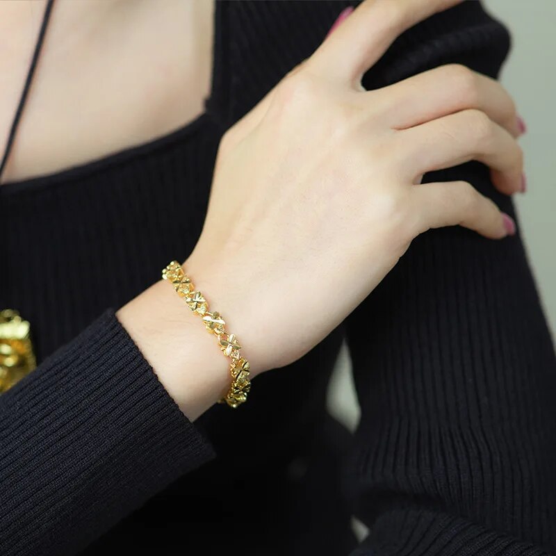 Fashion Lucky 24K Gold Color Bracelet 6mm Four-leaf clover gold bracelet, Suita image 3