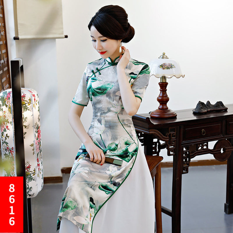Plus Size Ao Dai Cheongsam dress China Improved Qipao Women Long Two-Piece Set image 3