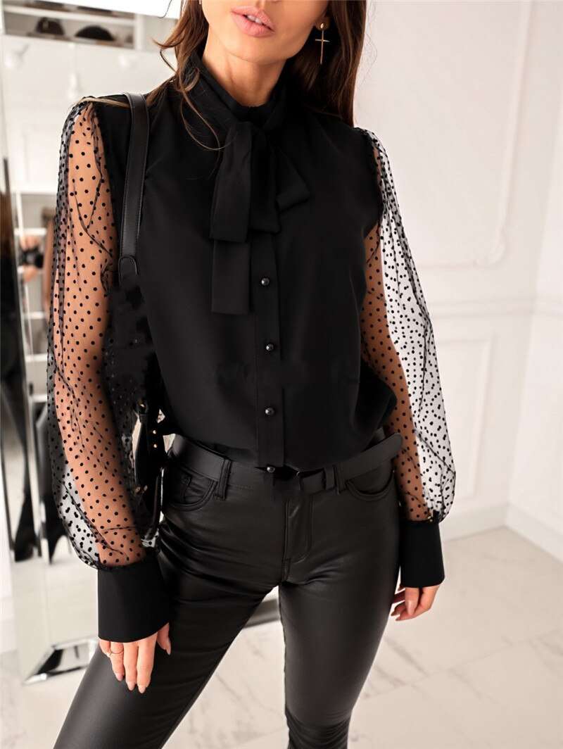 Imcute Shirts OL Women Elegant Mesh Sheer See Through Long Sleeve Patchwork Tops image 1