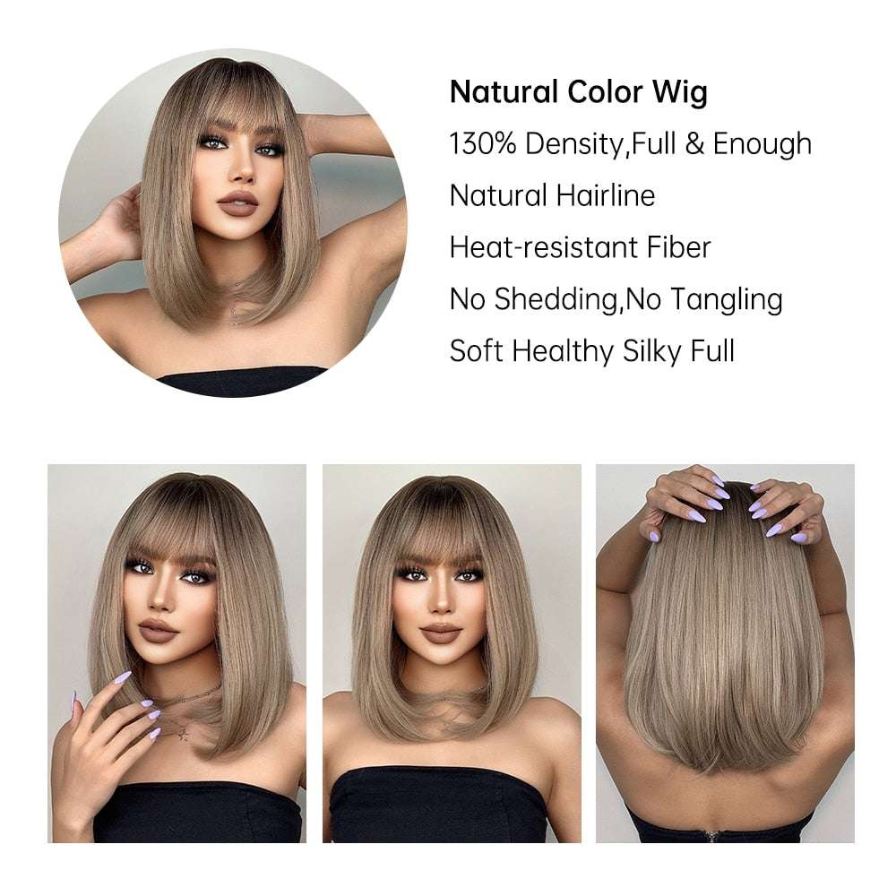 Short Straight Bob Wigs with Bangs Golden Brown Natural Synthetic Hair for Wome image 11