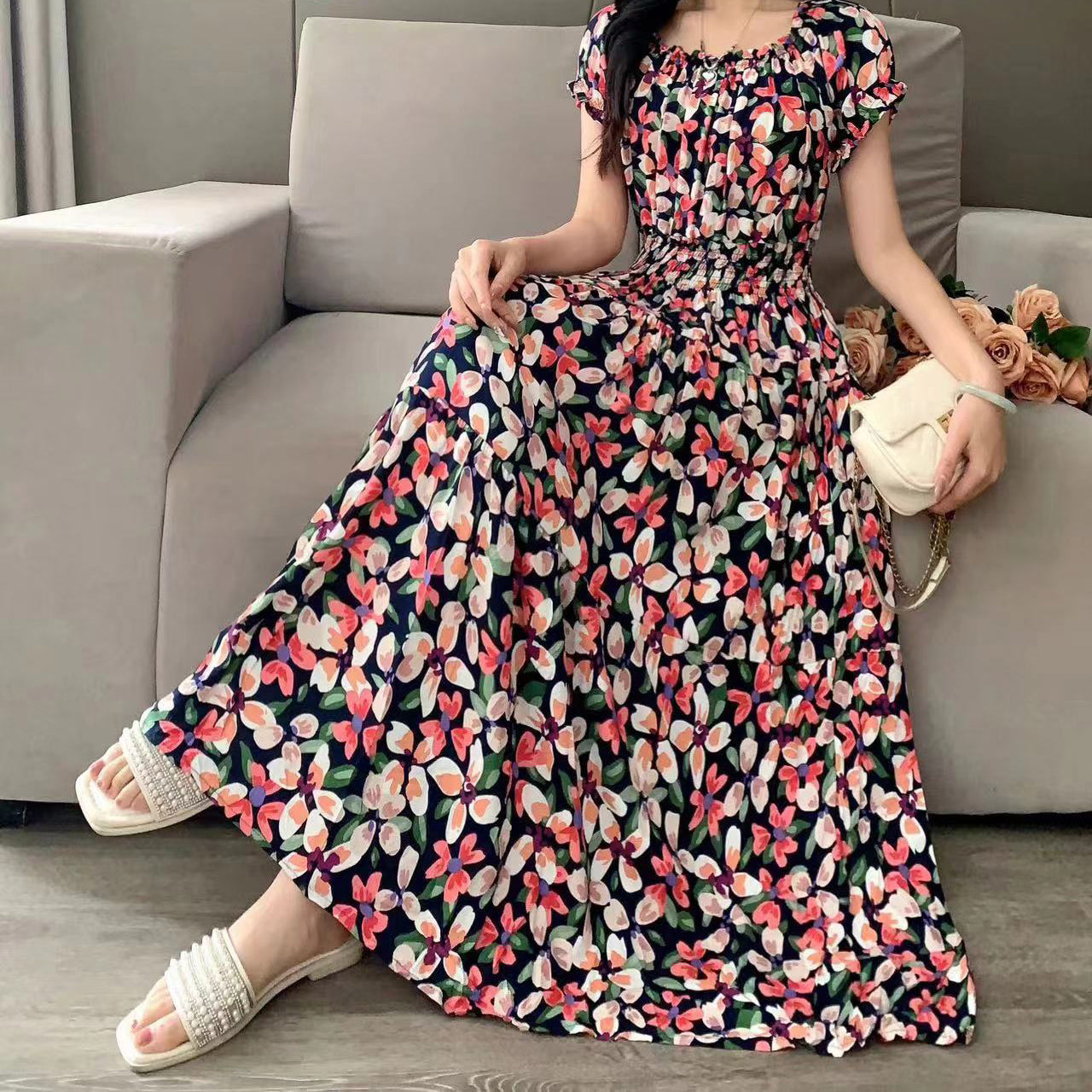 Bohemian Summer Trendy New Elegant Retro Vintage Midi Dress Large Swing Print E image 1