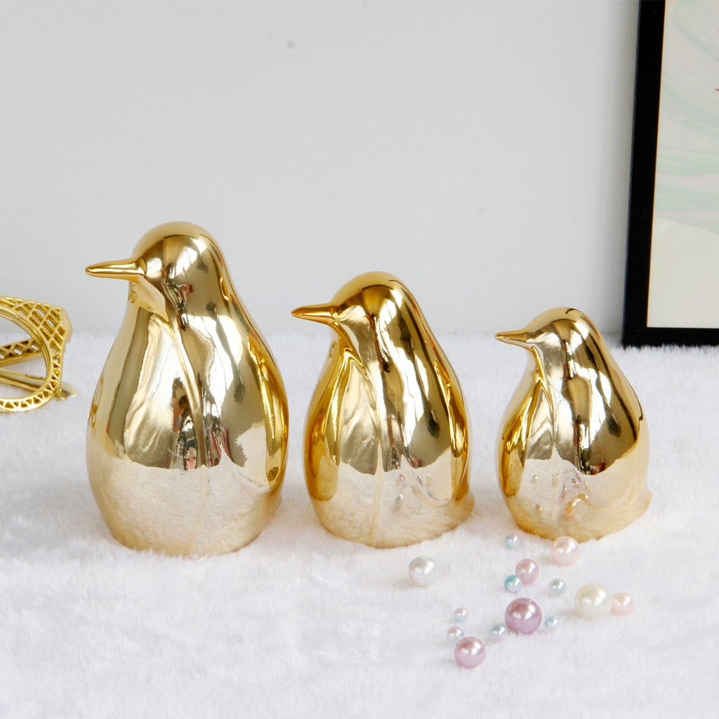 Gold Ceramic Penguin Fake Animal Statue - Funny Sculpture Ornaments Décor - Ind image 1