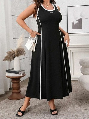 Vestido sin mangas de talla grande para mujer, informal, de verano, con contraste de color, redondo, cuello redondo
