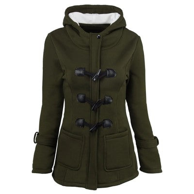 Abrigo acolchado con capucha de color liso para mujer, otoño invierno, botones de cuerno