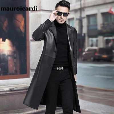 Mauroicardi Spring Autumn Long Black Mens Leather Blazer Jacket Long S