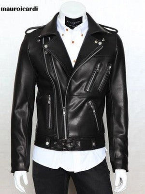 Mauroicardi Spring Autumn Cool Black Soft Faux Leather Jacket Men with
