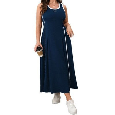 Vestido sin mangas de talla grande para mujer, informal, de verano, con contraste de color, redondo, cuello redondo