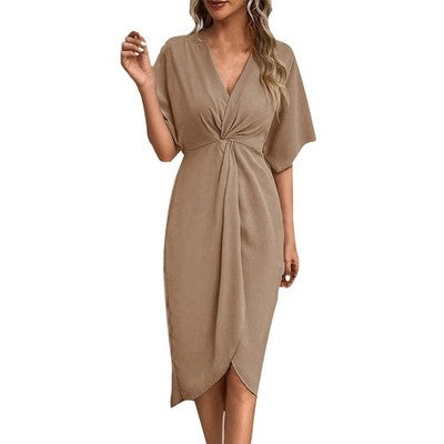Vestidos elegantes de mujer con cuello en V irregulares plisados temperamento casual Sh