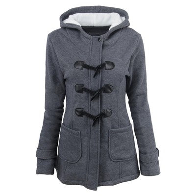 Abrigo acolchado con capucha de color liso para mujer, otoño invierno, botones de cuerno