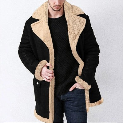 Mid Length Jacket Men Winter Zipper Coat Lapel Long Sleeve Padded Leat