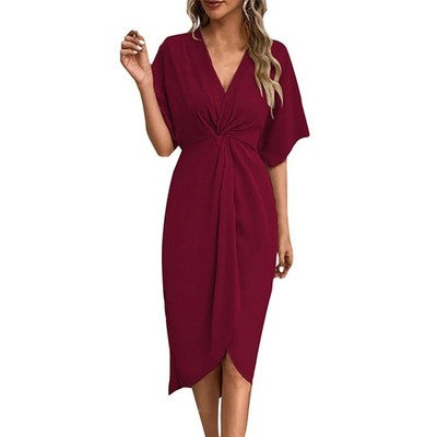 Vestidos elegantes de mujer con cuello en V irregulares plisados temperamento casual Sh