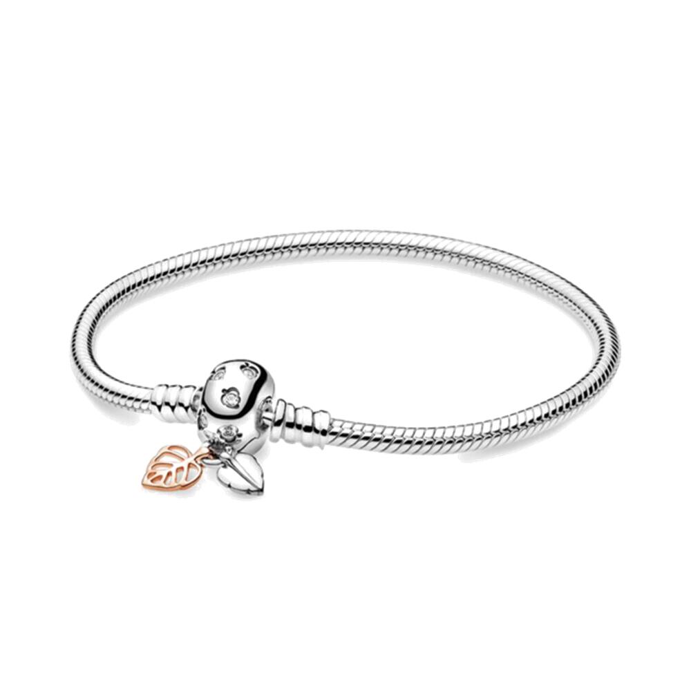 Fashionable 925 Silver Plating Moments Gold Round Clasp Snake Chain Bracelet Fi image 12