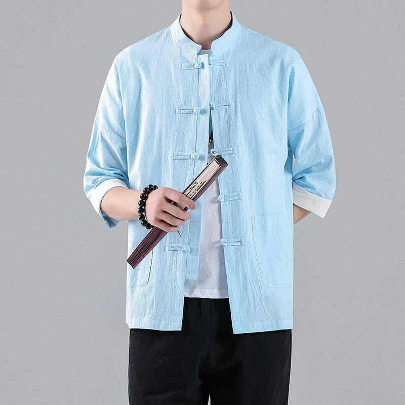 2022 New Chinese Style Mens Tops Tang Suit Linen Half Sleeve Solid Traditional image 7
