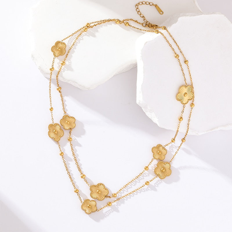 EILIECK 316L Stainless Steel Gold Color Flower Five-Leaf Clover Necklace For Wo image 15