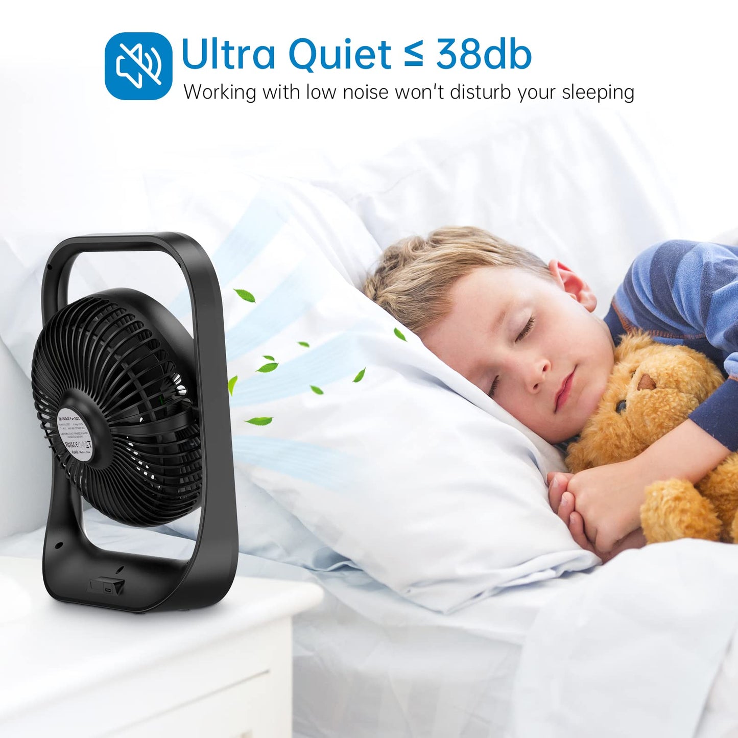 USB Rechargeable Fan with LED Night Light, 3 Speeds Portable Desk Fan,3600mah 1 image 2