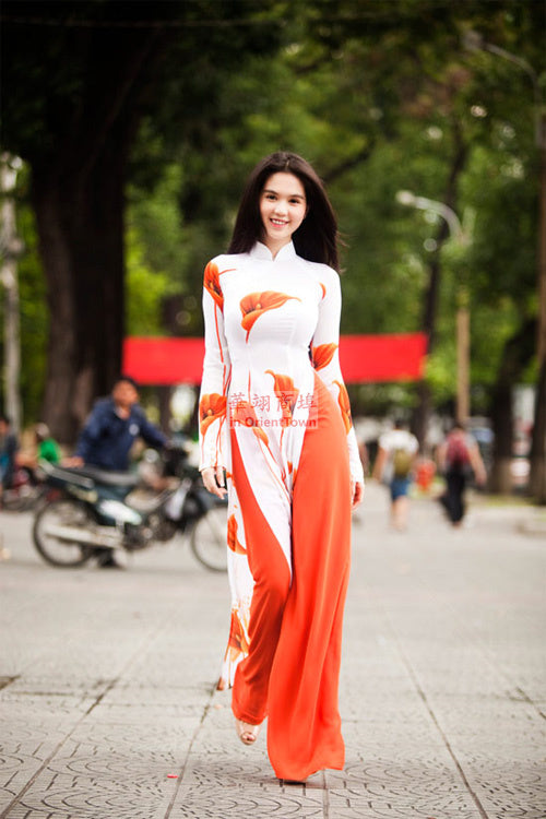 Authentic Vietnam Women Ethnic Clothing Aodai Dress Traditional Two Pieces Set image 1