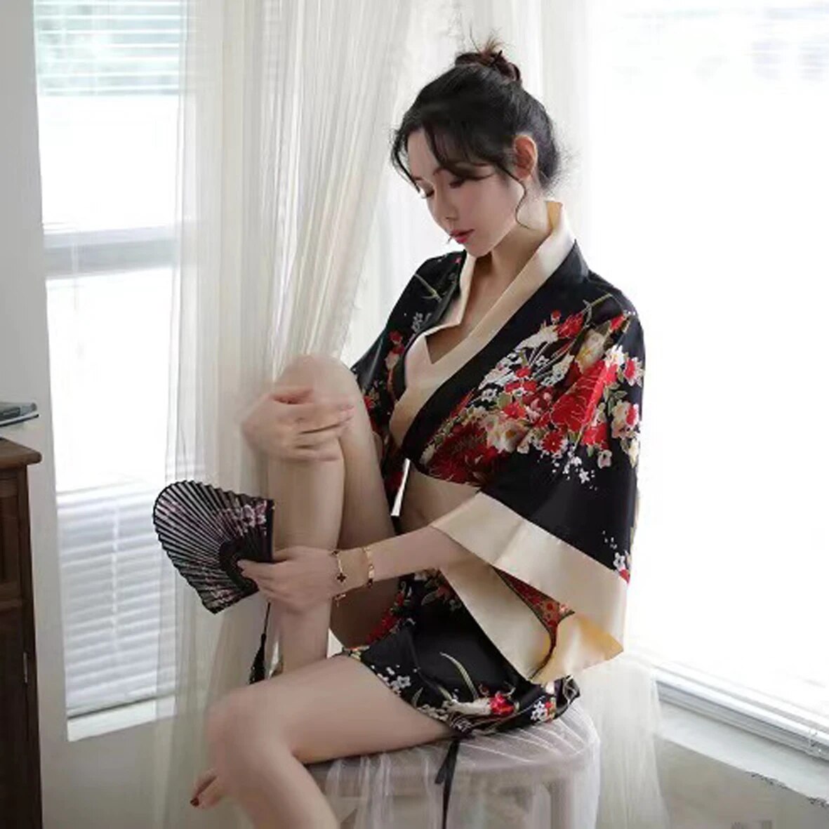 Japanese Kimono Women's Party Dress Geisha Dress Satin Deep V Lace Kimono image 0