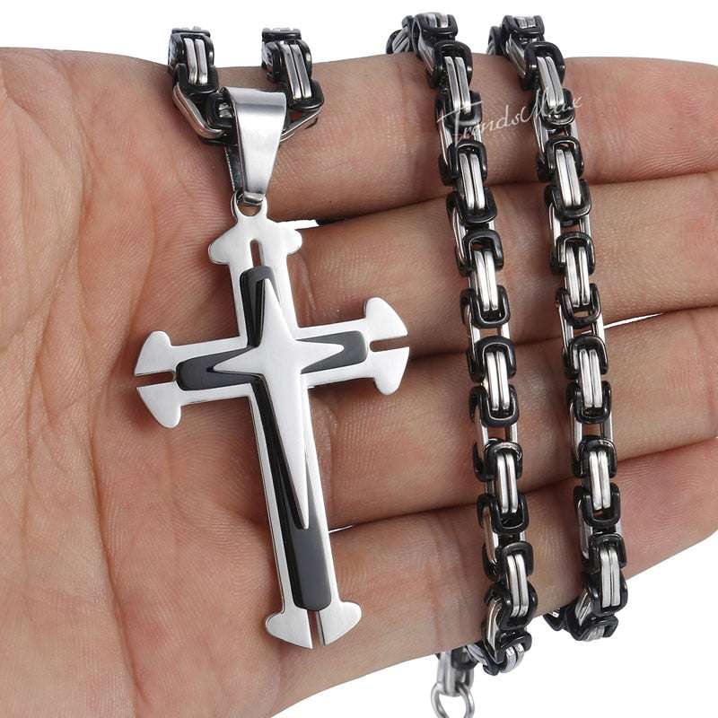 Men's Cross Necklace Gold Color Black Cross Pendant Stainless Steel Byzantine C image 2