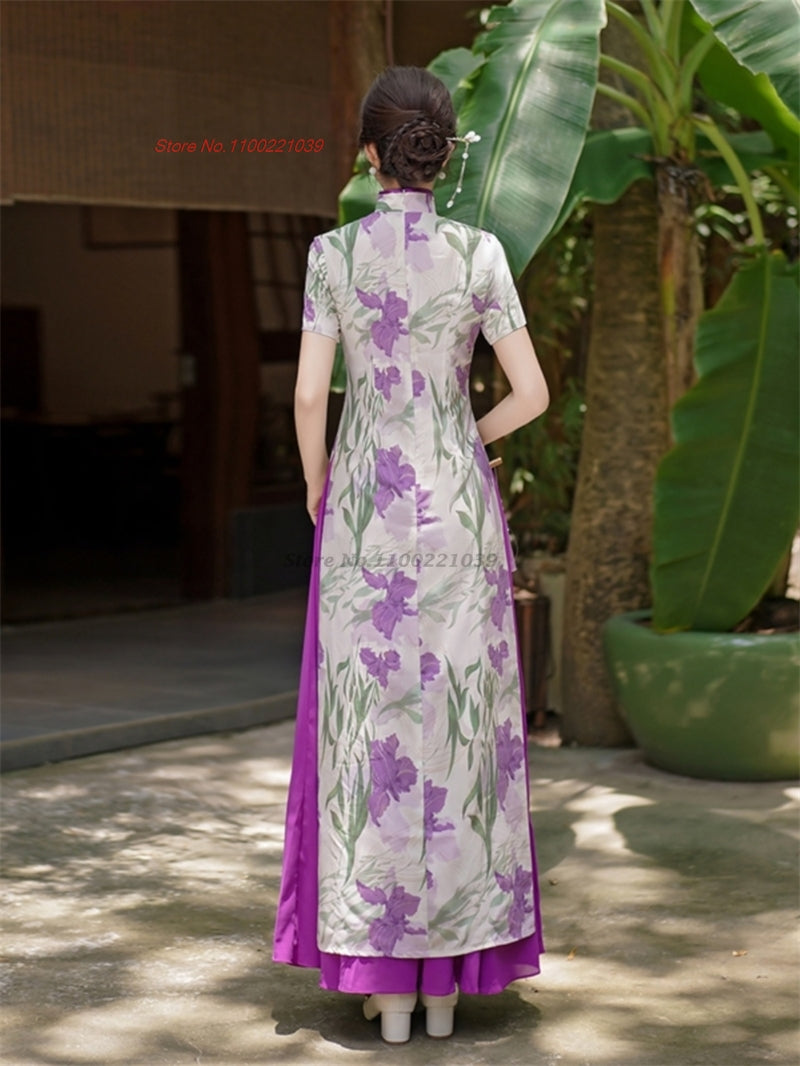 2024 vietnam traditionaldress aodai national flower print cheongsam oriental im image 4