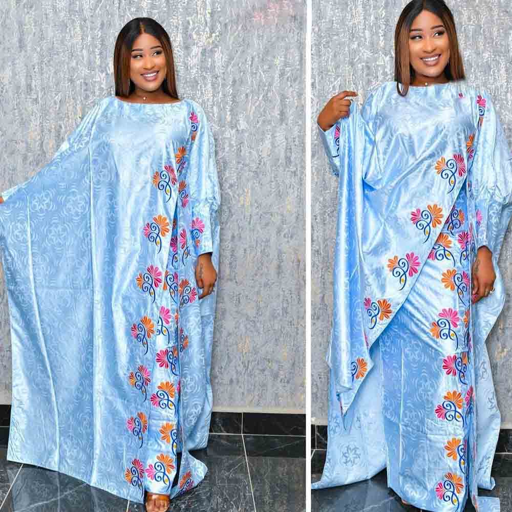 Sky Blue Bazin Riche Long Dresses Blouse Dashiki Robe For African Women Traditi image 0