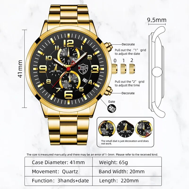 3PCS Fashion Mens Gold Necklace Bracelet Watches Set Men Business Casual Stainl image 2