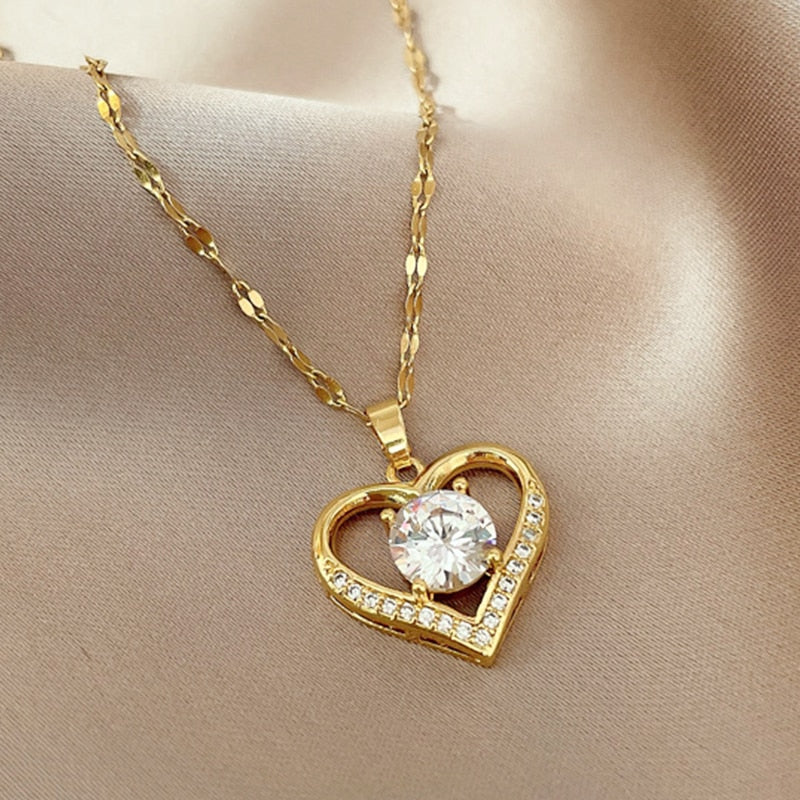Artificial Gems Heart Pendant Necklace for women 2022 Golden Stainless Steel Li image 5