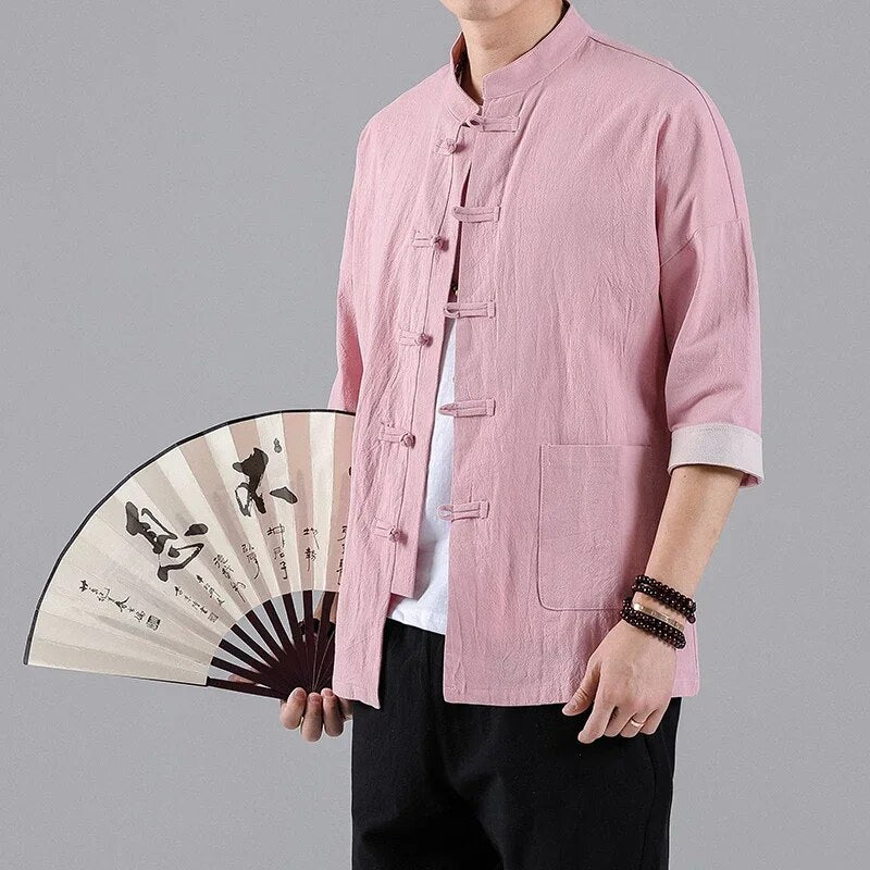 2022 New Chinese Style Mens Tops Tang Suit Linen Half Sleeve Solid Traditional image 6