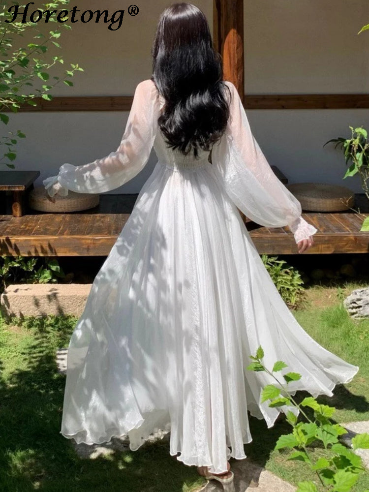 Horetong Elegant Maxi Dresses For Women White Off Shoulder Puff Long Sleeve Ela image 3