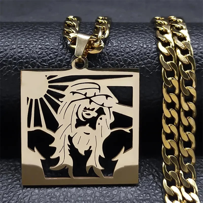 Hip Hop Punk Crown of Thorns Jesus Cross Necklace for Men Stainless Steel Gold image 4