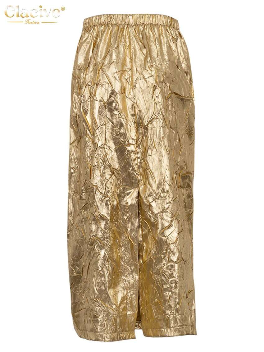 Clacive Fashion Slim Gold Women'S Skirt Elegant Chic High Waist Midi Skirts Str image 5