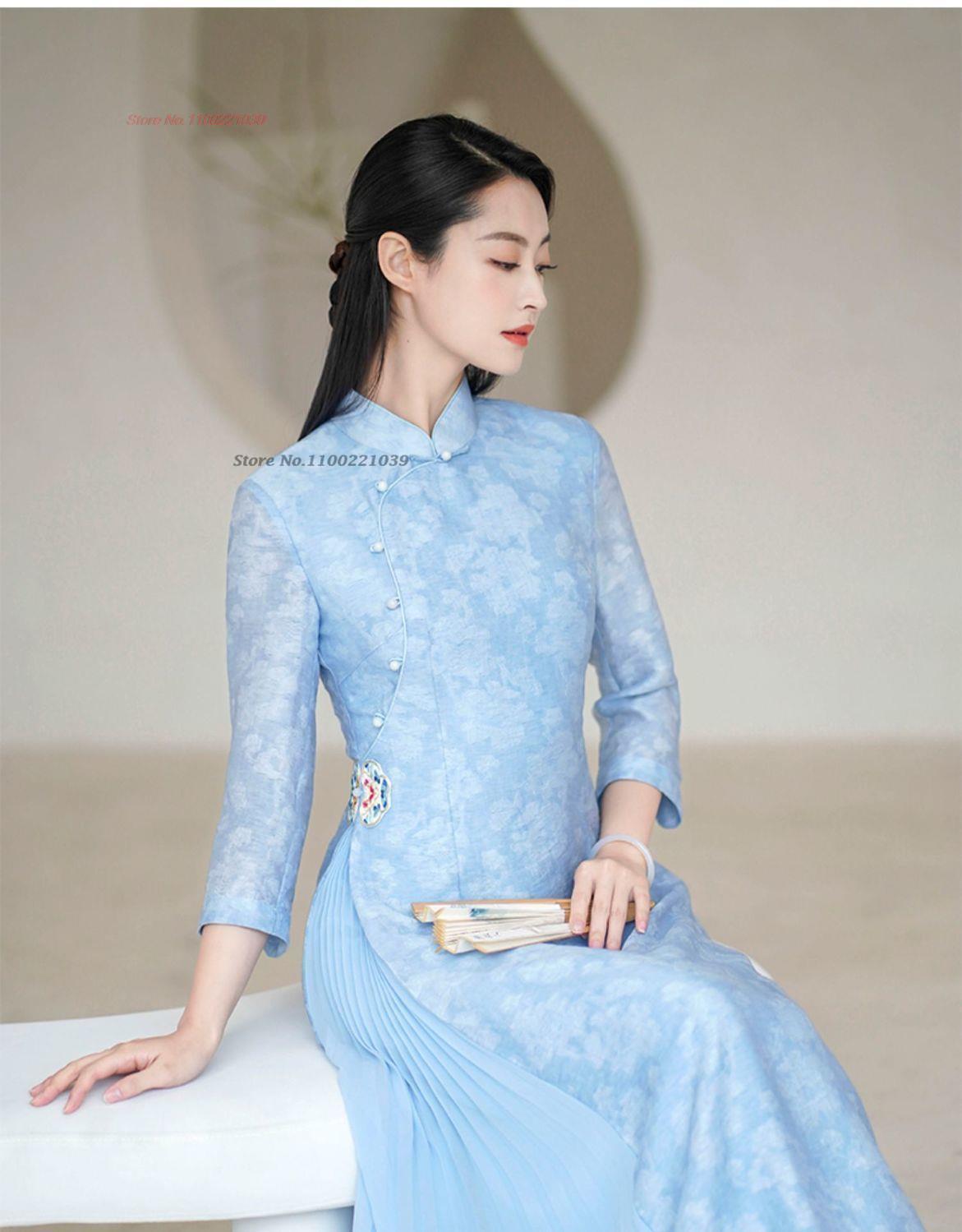 2024 ao dai vietnam traditional dress national flower print embroidery improved image 1