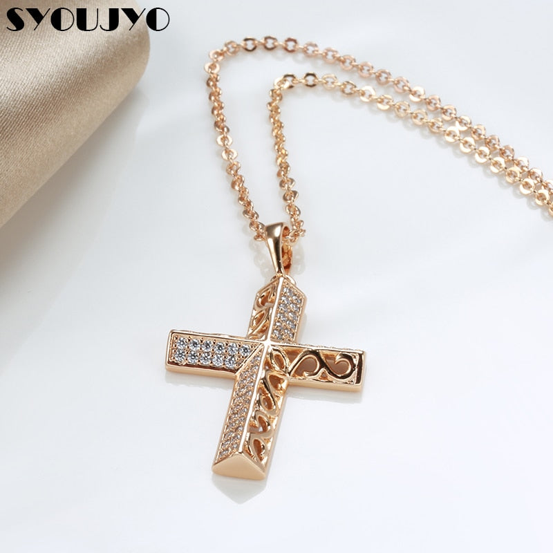 SYOUJYO Trendy Luxury Cross Necklace 585 Rose Gold Color Crystal Jesus Cross image 6