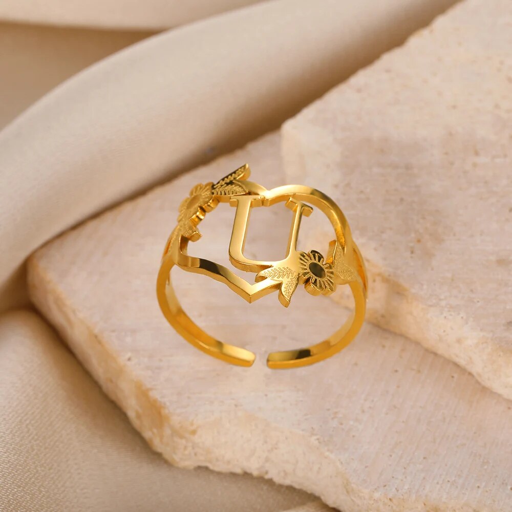 Stainless Steel Initials Flower Heart Rings Gold Color Adjustable Delicate Lett image 17
