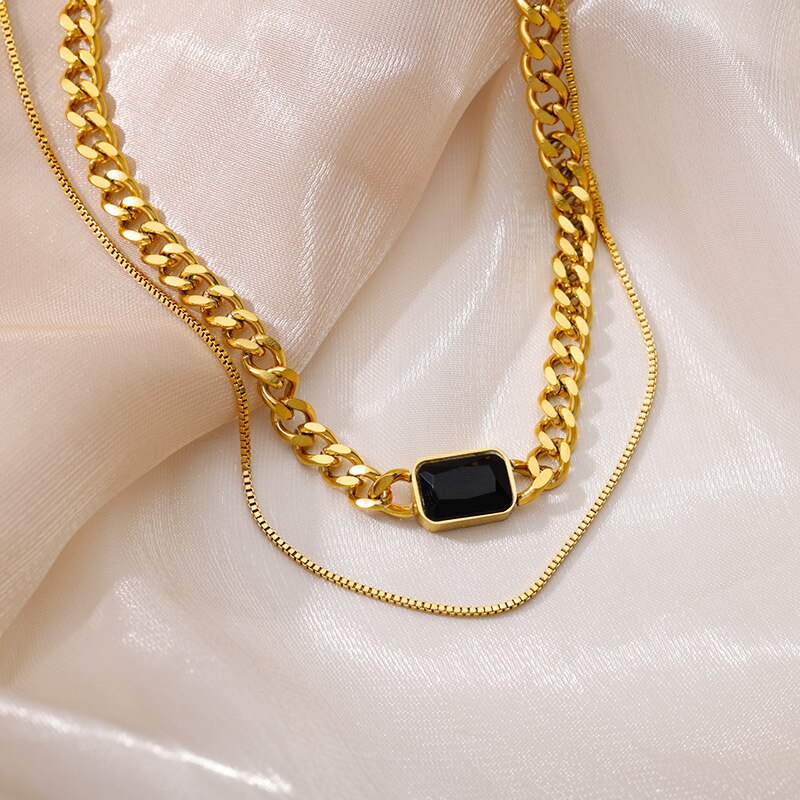 Green Square Pendant Necklace for Women Multi-layer Splicing Chain Gold Plated image 4