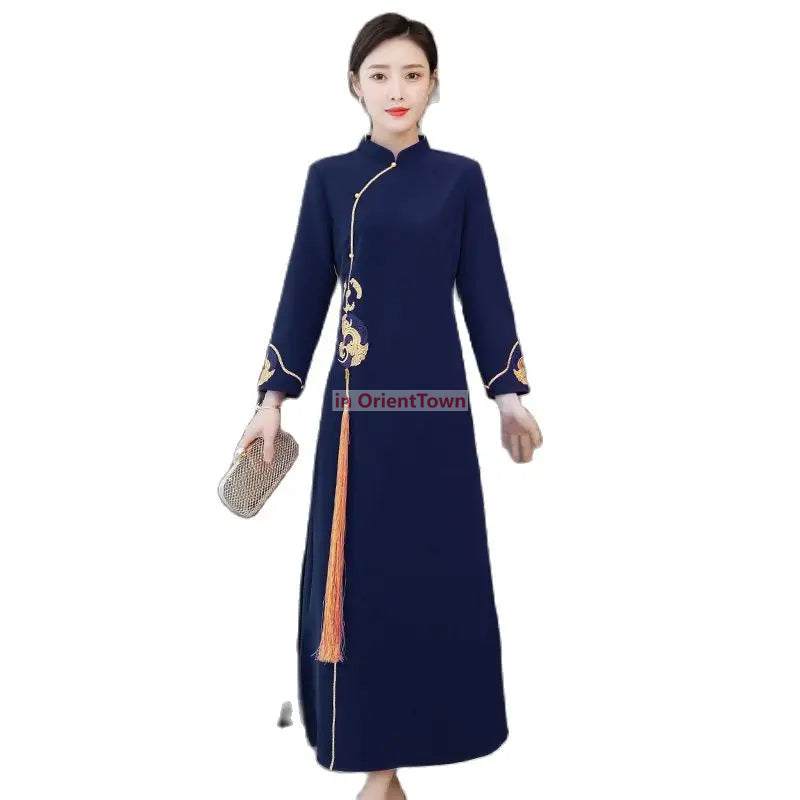Asian Gown Women Dress Spring Autumn Full Sleeve Ladies Improved Cheongsam AO D image 5