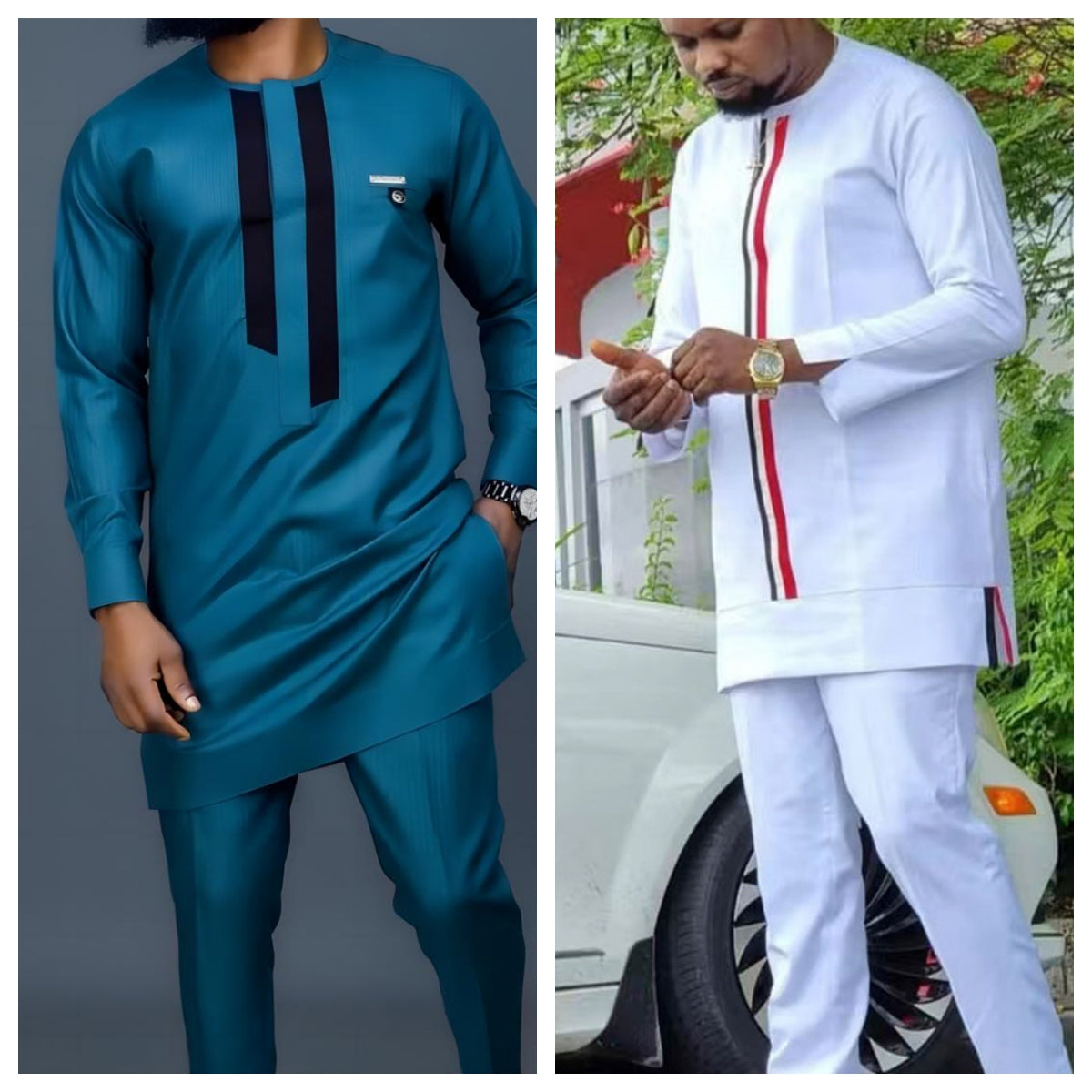 Kaftan African Men's Suit White Long Sleeve Stitching Shirt and Social Pants 2 image 1